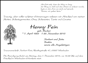 Traueranzeige von Henny Fein von  Wiesbaden komplett