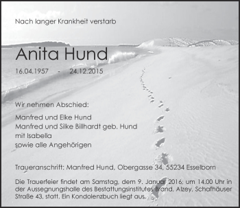 Traueranzeige von Anita Hund von  Allgemeine Zeitung Alzey