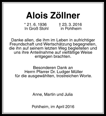 Traueranzeige von Alois Zöllner von  Gießener Anzeiger