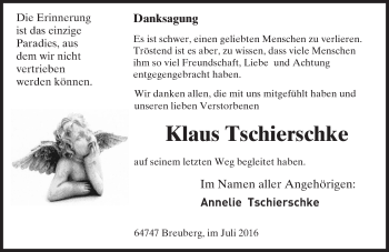 Traueranzeige von Klaus Tschierschke von Trauerportal Echo Online