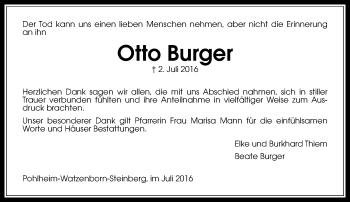 Traueranzeige von Otto Burger von  Gießener Anzeiger