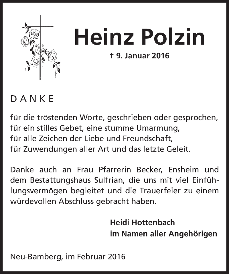  Traueranzeige für Heinz Polzin vom 13.02.2016 aus  Allgemeine Zeitung Alzey