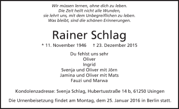 Traueranzeige von Rainer Schlag von  Usinger Anzeiger