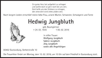 Traueranzeige von Hedwig Jungbluth von  Allgemeine Zeitung Mainz