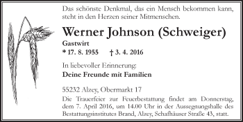 Traueranzeige von Werner Johnson Schweiger von  Allgemeine Zeitung Alzey