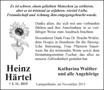 Traueranzeige von Heinz Härtel von  Bürstädter Zeitung