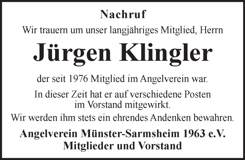  Traueranzeige für Jürgen Klingler vom 12.12.2015 aus  Allgemeine  Zeitung Ingelheim-Bingen
