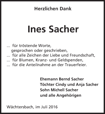 Traueranzeige von Ines Sacher von  GT am Sonntag