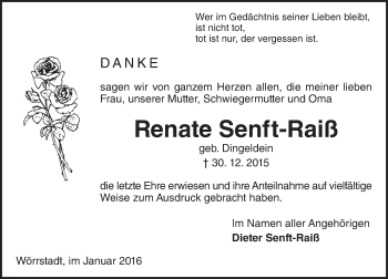Traueranzeige von Renate Senft-Raiß von  Allgemeine Zeitung Alzey