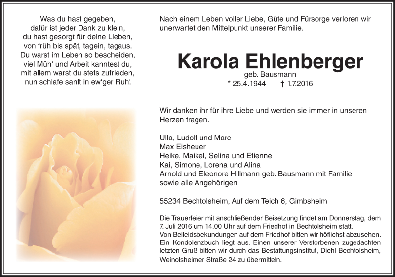  Traueranzeige für Karola Ehlenberger vom 04.07.2016 aus Trauerportal Rhein Main Presse
