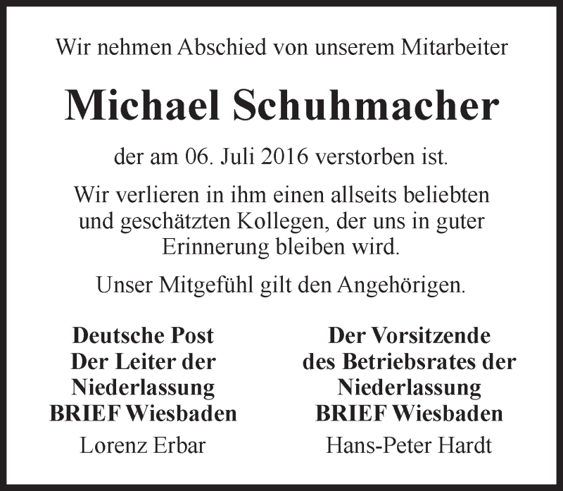  Traueranzeige für Michael Schuhmacher vom 13.07.2016 aus Trauerportal Rhein Main Presse