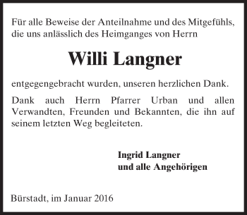 Traueranzeige von Willi Langner von  Bürstädter Zeitung