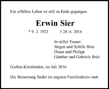 Traueranzeige von Erwin Stier von  Gießener Anzeiger