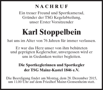 Traueranzeige von Karl Stoppelbein von  Allgemeine Zeitung Mainz