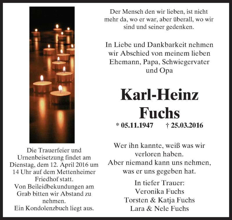  Traueranzeige für Karl-Heinz Fuchs vom 09.04.2016 aus  Wormser Zeitung