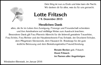 Traueranzeige von Lotte Fritzsch von  Wiesbaden komplett