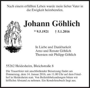 Traueranzeige von Johann Göhlich von  Allgemeine Zeitung Mainz