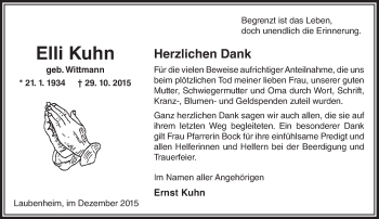 Traueranzeige von Elli Kuhn von  Allg. Zeitung Bad Kreuznach