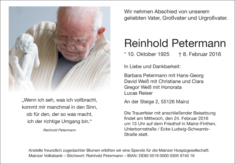  Traueranzeige für Reinhold Petermann vom 13.02.2016 aus  Allgemeine Zeitung Mainz