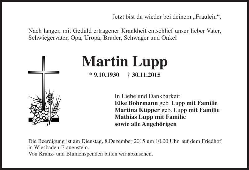  Traueranzeige für Martin Lupp vom 02.12.2015 aus  Wiesbaden komplett