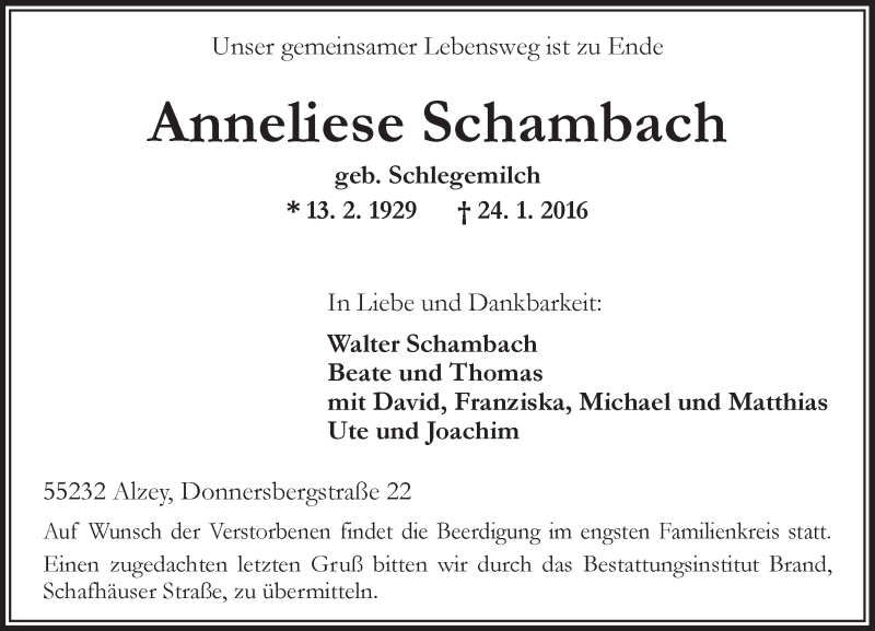  Traueranzeige für Anneliese Schambach vom 26.01.2016 aus  Allgemeine Zeitung Alzey