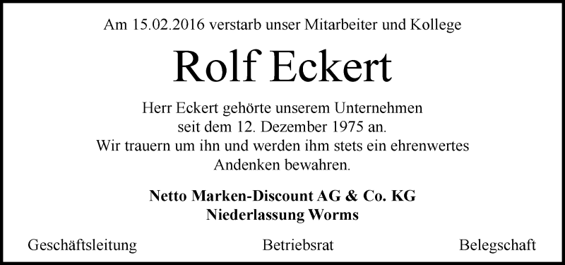  Traueranzeige für Rolf Eckert vom 29.02.2016 aus trauer.rmp.de