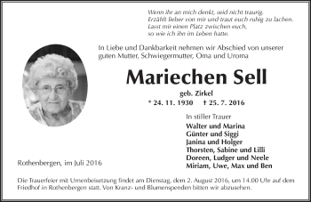 Traueranzeige von Mariechen Sell von  GT am Sonntag