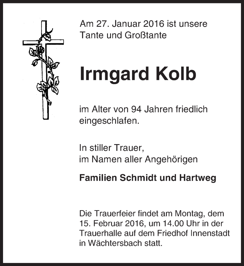  Traueranzeige für Irmgard Kolb vom 10.02.2016 aus  GT am Sonntag