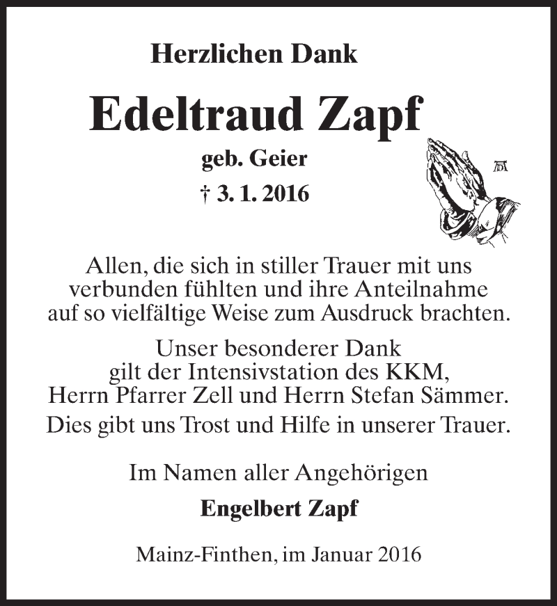  Traueranzeige für Edeltraud Zapf vom 23.01.2016 aus  Allgemeine Zeitung Mainz