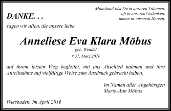Traueranzeige von Anneliese Eva Klara Möbus von  Wiesbaden komplett