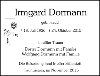 Traueranzeige von Irmgard Dormann von  WK-UTA/Aar-Bote