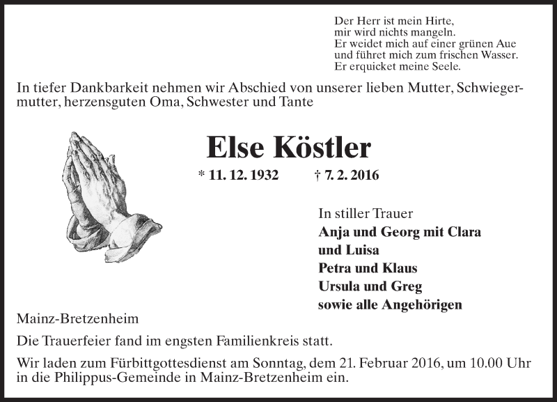  Traueranzeige für Else Köstler vom 20.02.2016 aus  Allgemeine Zeitung Mainz