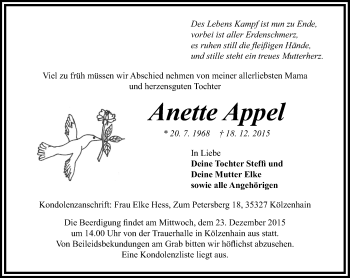 Traueranzeige von Anette Appel von VRM Trauer