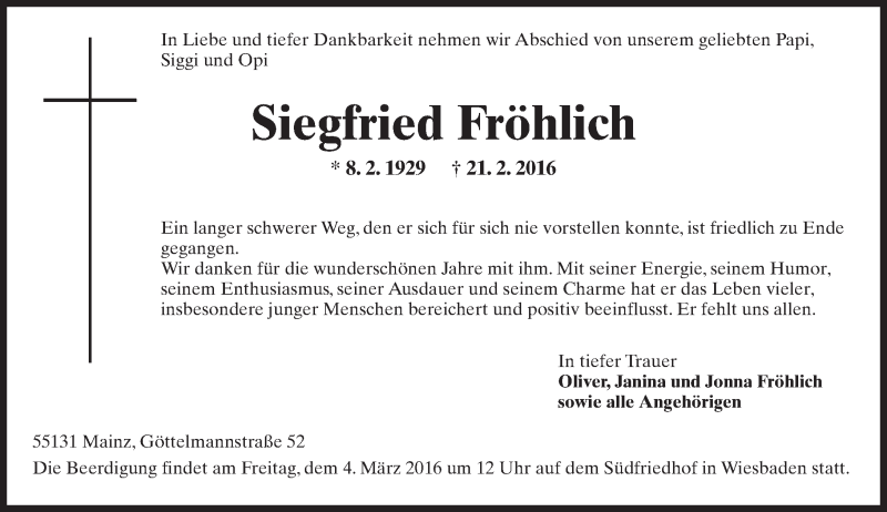  Traueranzeige für Siegfried Fröhlich vom 27.02.2016 aus  Wiesbaden komplett
