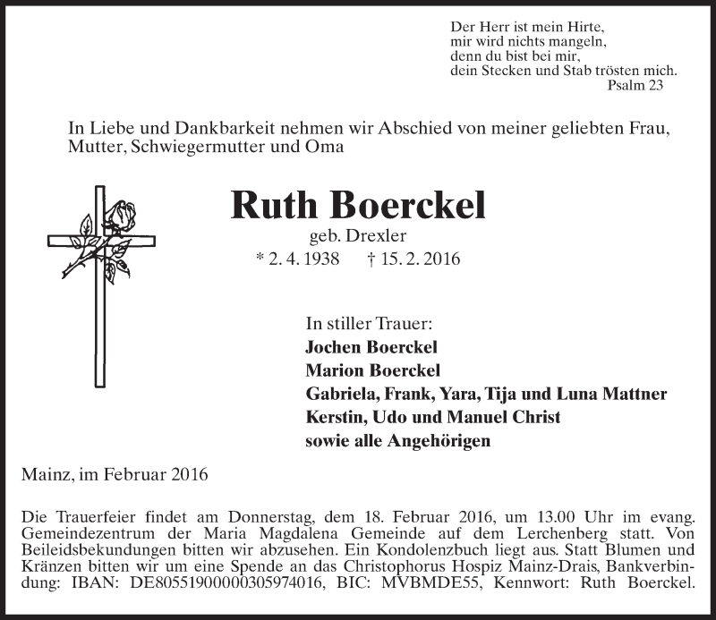  Traueranzeige für Ruth Boerckel vom 16.02.2016 aus  Allgemeine Zeitung Mainz