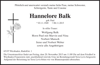 Traueranzeige von Hannelore Balk von  Wiesbaden komplett