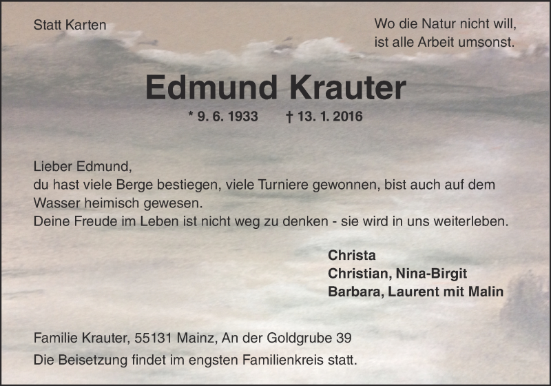  Traueranzeige für Edmund Krauter vom 18.01.2016 aus  Allgemeine Zeitung Mainz