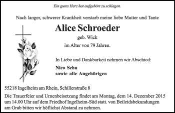 Traueranzeige von Alice Schroeder von  Allgemeine  Zeitung Ingelheim-Bingen