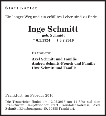 Traueranzeige von Inge Schmitt von  Allgemeine Zeitung Mainz