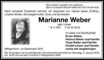Traueranzeige von Marianne Weber von  Gelnhäuser Tageblatt
