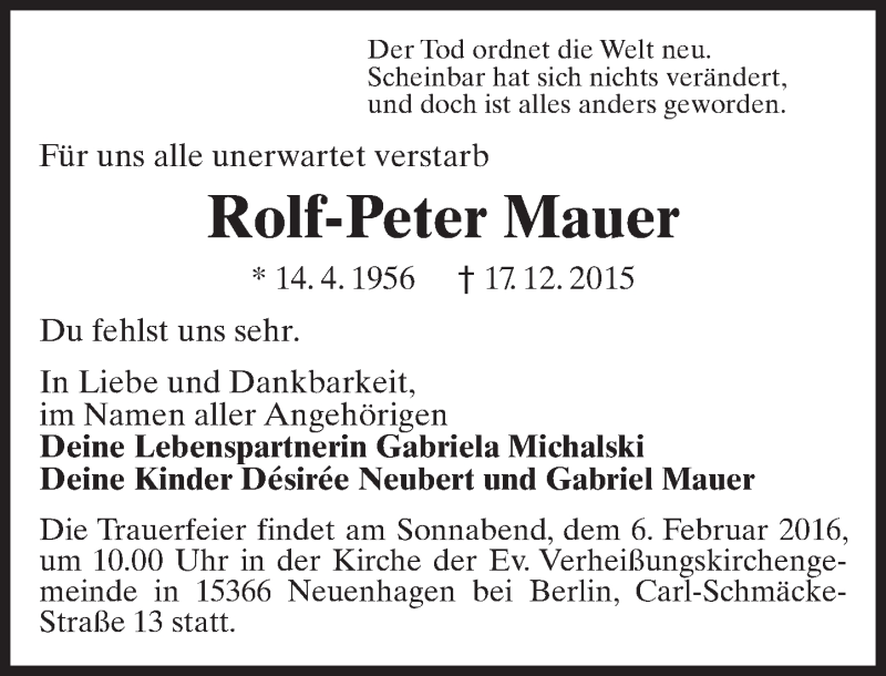  Traueranzeige für Rolf-Peter Mauer vom 23.01.2016 aus  Wiesbaden komplett