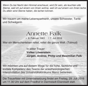 Traueranzeige von Annette Falk von Trauerportal Echo Online