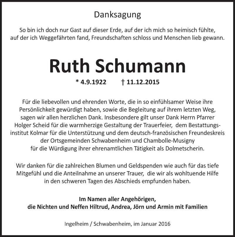  Traueranzeige für Ruth Schumann vom 23.01.2016 aus  Allgemeine  Zeitung Ingelheim-Bingen