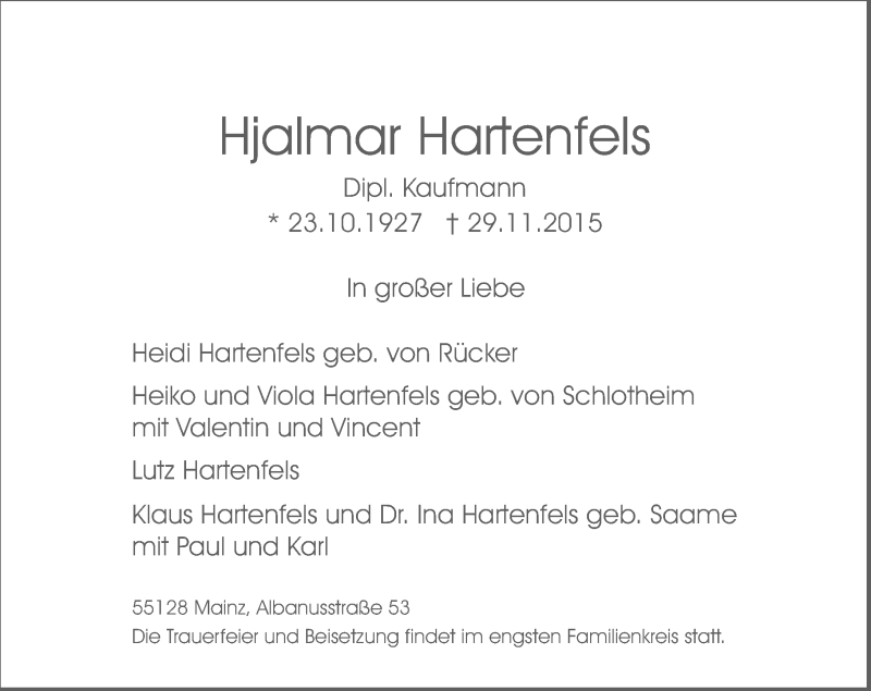  Traueranzeige für Hjalmar Hartenfels vom 05.12.2015 aus  Allgemeine Zeitung Mainz