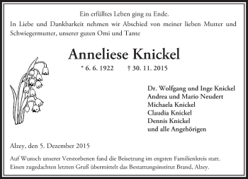 Traueranzeige von Anneliese Knickel von  Allgemeine Zeitung Alzey