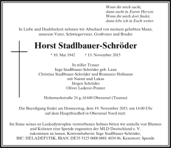 Traueranzeige von Horst Stadlbauer-Schröder von  Usinger Anzeiger
