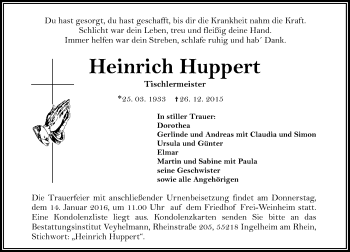 Traueranzeige von Heinrich Huppert von  Allgemeine  Zeitung Ingelheim-Bingen