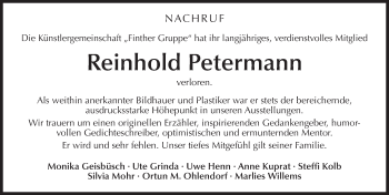 Traueranzeige von Reinhold Petermann von  Allgemeine Zeitung Mainz