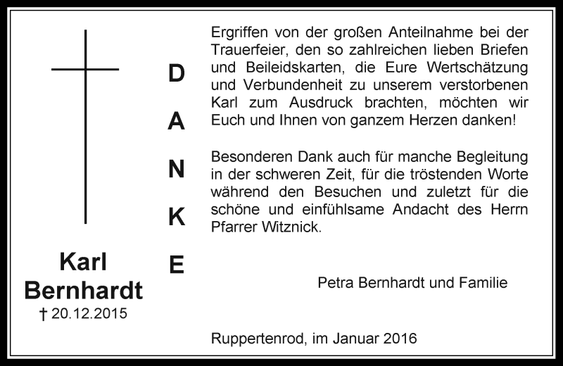  Traueranzeige für Karl Bernhardt vom 22.01.2016 aus  OK Oberhessen Kurier