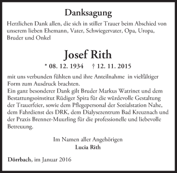 Traueranzeige von Josef Rith von  Allg. Zeitung Bad Kreuznach